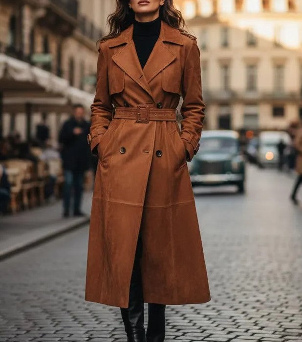 Luxurious Genuine Brown Suede Leather Trench Coat Classic Long Duster Coat