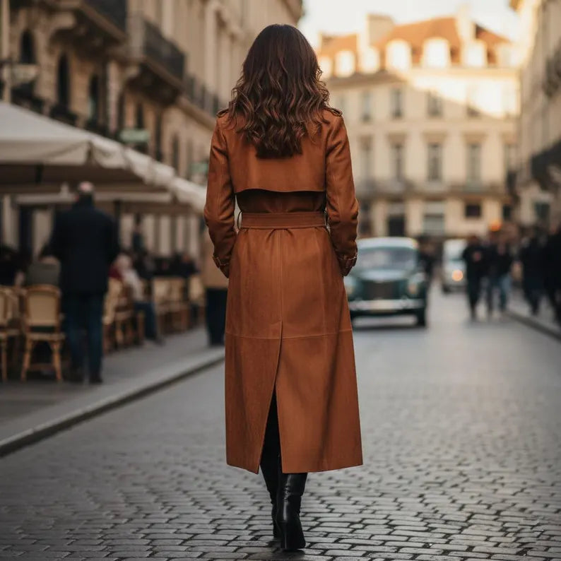 Luxurious Genuine Brown Suede Leather Trench Coat Classic Long Duster Coat