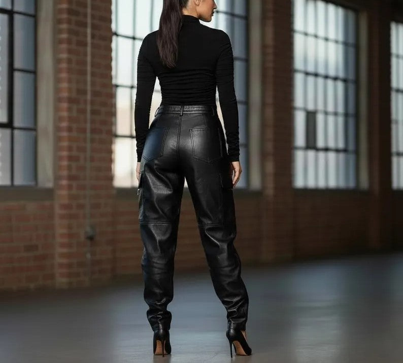 Women’s Genuine Leather Pants | High Waist Black Leather Trousers | Handmade Cargo Style