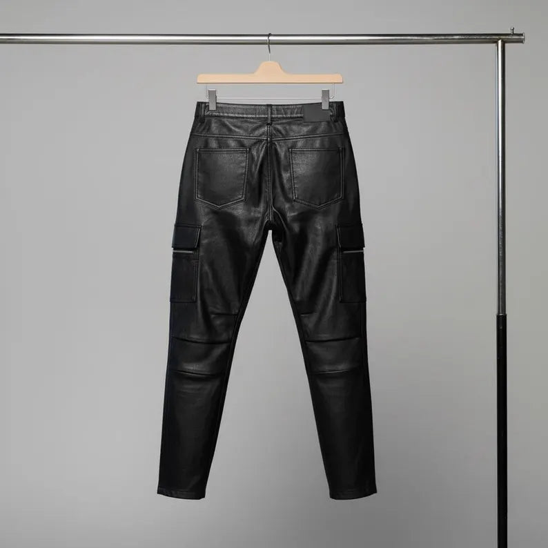 Women’s Genuine Leather Pants | High Waist Black Leather Trousers | Handmade Cargo Style