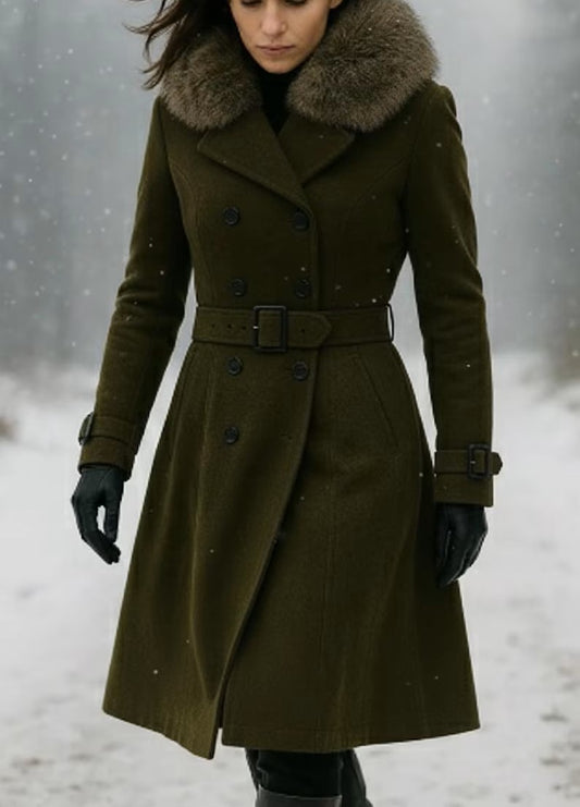 Women’s Genuine Suede Leather Coat, Luxury Olive Green Suede Parka with Fur Collar