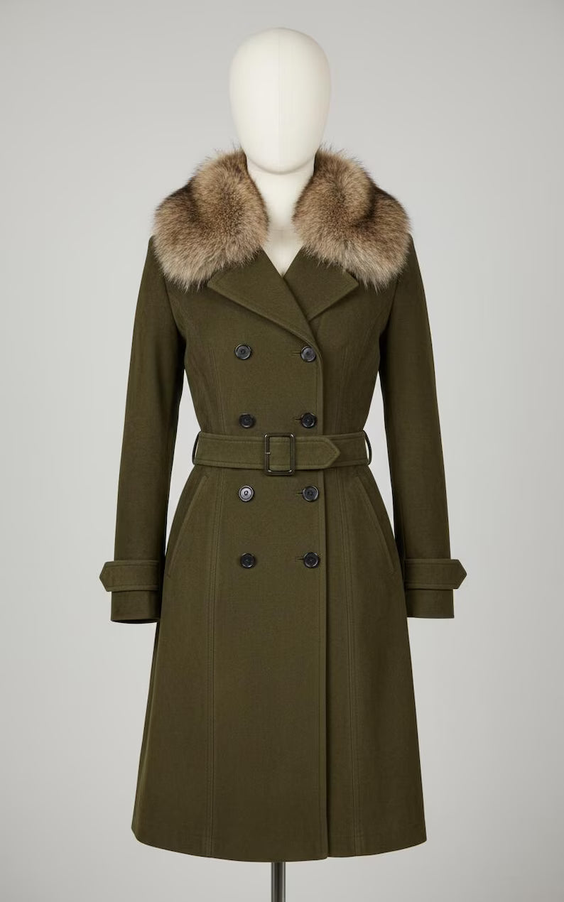 Women’s Genuine Suede Leather Coat, Luxury Olive Green Suede Parka with Fur Collar