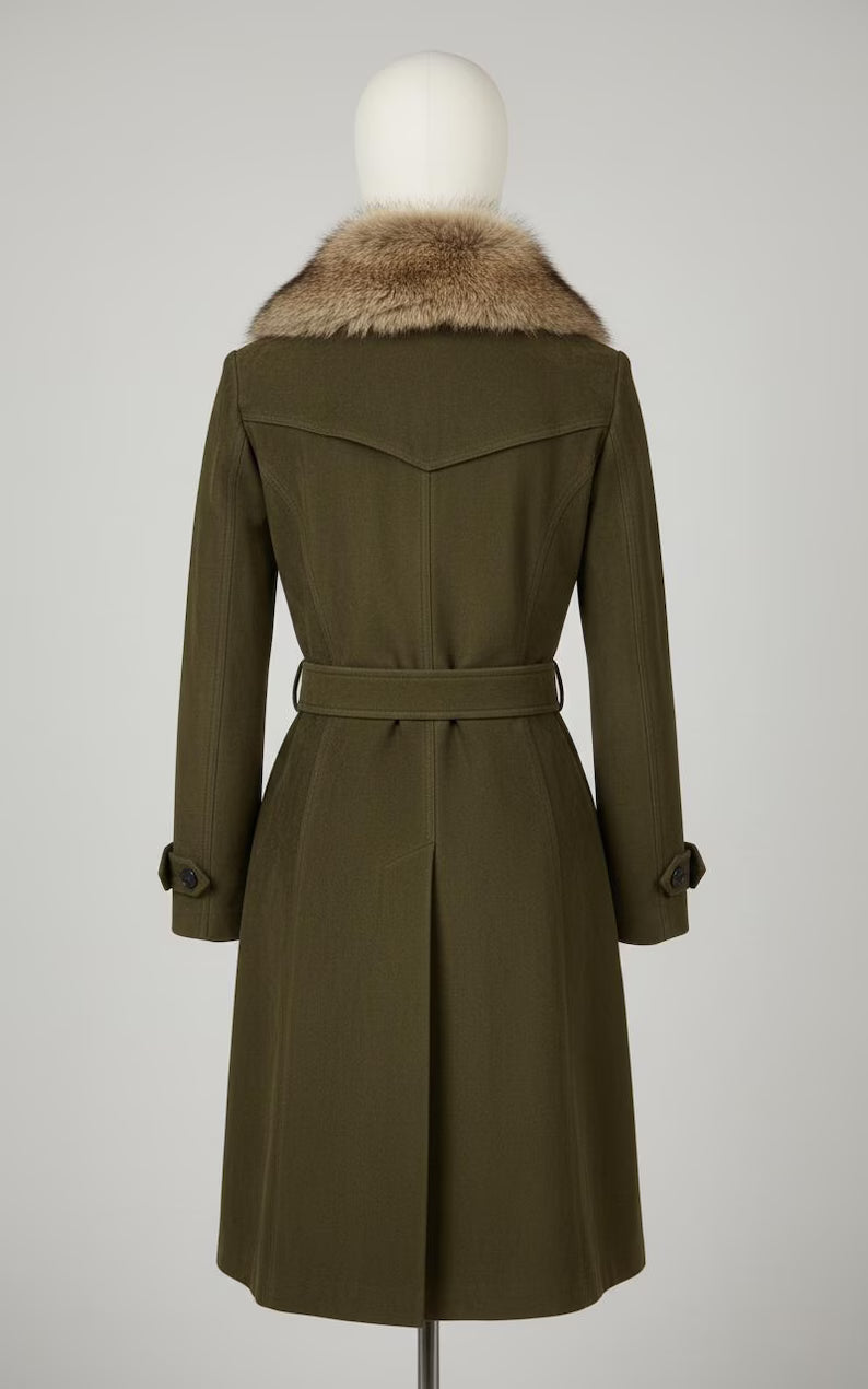 Women’s Genuine Suede Leather Coat, Luxury Olive Green Suede Parka with Fur Collar