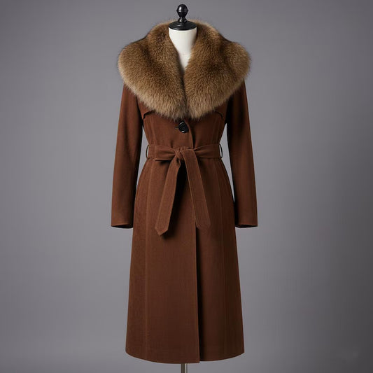 Vintage-Inspired Brown Suede Trench Coat Real Fur Collar, Belted Waist