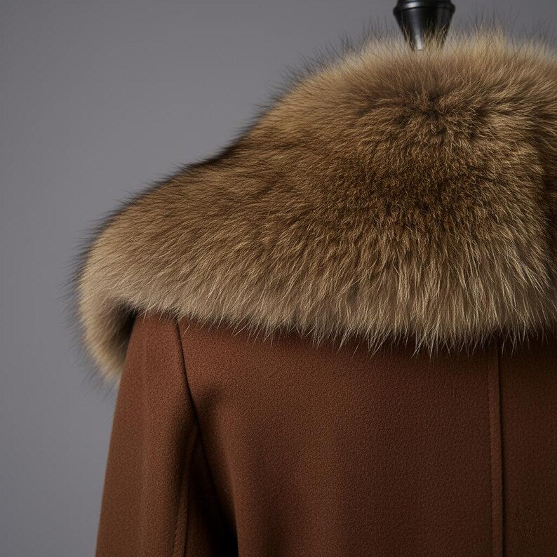 Vintage-Inspired Brown Suede Trench Coat Real Fur Collar, Belted Waist