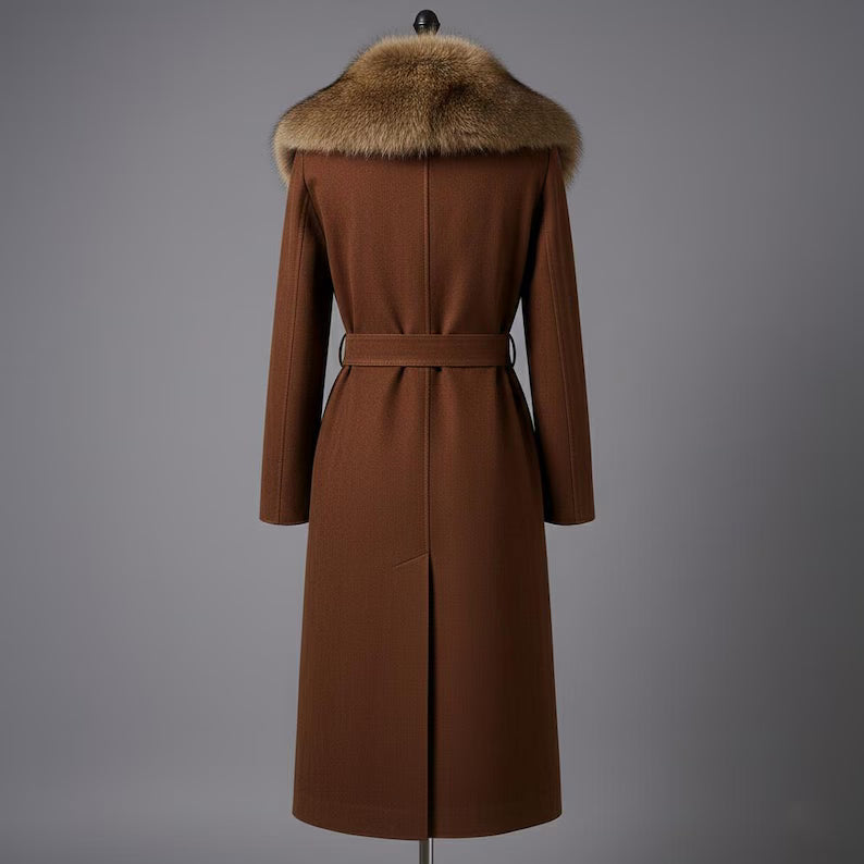 Vintage-Inspired Brown Suede Trench Coat Real Fur Collar, Belted Waist