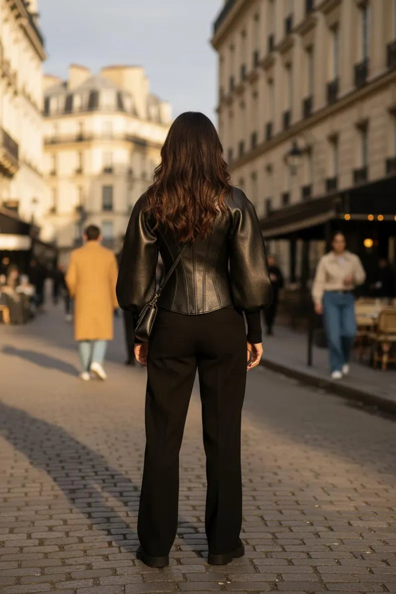 Black Leather Peplum Jacket | Corset Waist, Puffed Sleeves