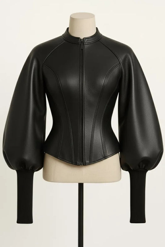 Black Leather Peplum Jacket | Corset Waist, Puffed Sleeves