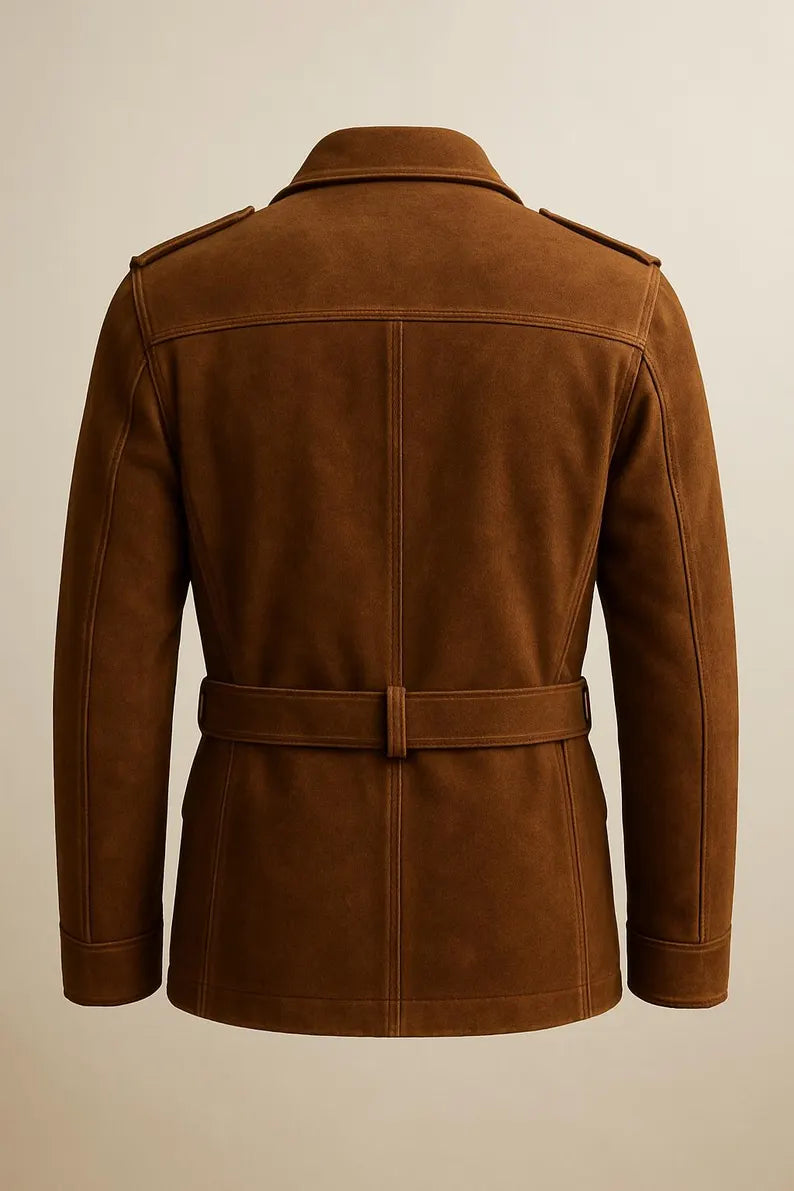 Luxurious Brown Suede Safari Jacket, Belted Field Coat, Four-Pocket Military Style Outerwear