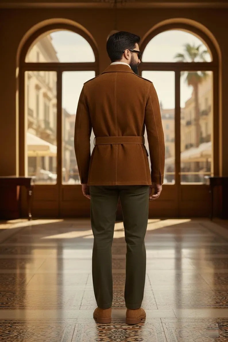 Luxurious Brown Suede Safari Jacket, Belted Field Coat, Four-Pocket Military Style Outerwear