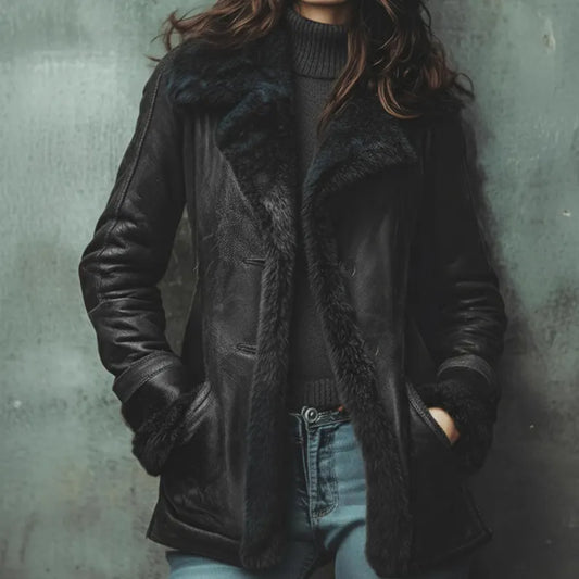 Handmade Women’s Genuine Sheep Leather Shearling Jacket with Fur Trim – Warm Luxury Winter Coat