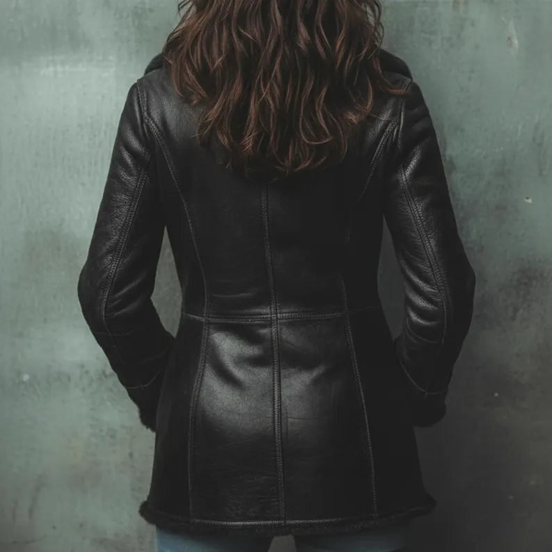 Handmade Women’s Genuine Sheep Leather Shearling Jacket with Fur Trim – Warm Luxury Winter Coat