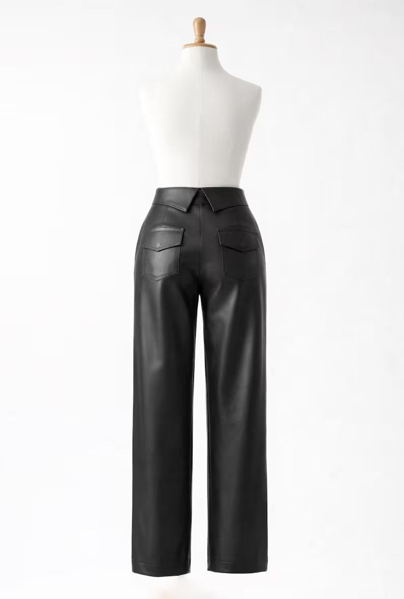Genuine Leather Pants for Women | High-Waist Black Leather Trousers | Custom Fit Available