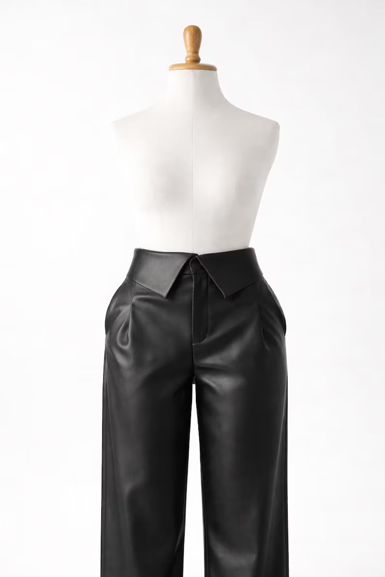Genuine Leather Pants for Women | High-Waist Black Leather Trousers | Custom Fit Available