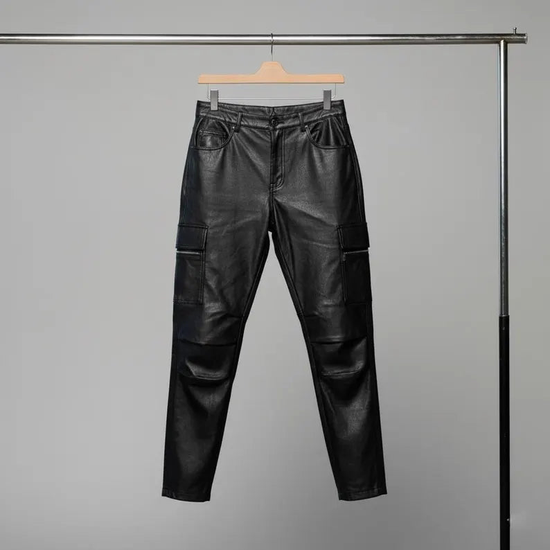 Women’s Genuine Leather Pants | High Waist Black Leather Trousers | Handmade Cargo Style