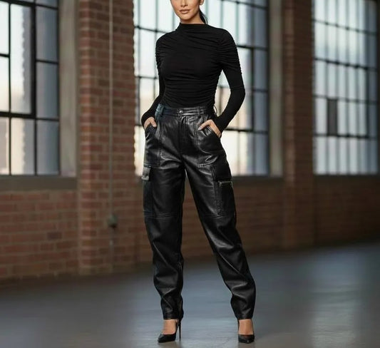 Women’s Genuine Leather Pants | High Waist Black Leather Trousers | Handmade Cargo Style