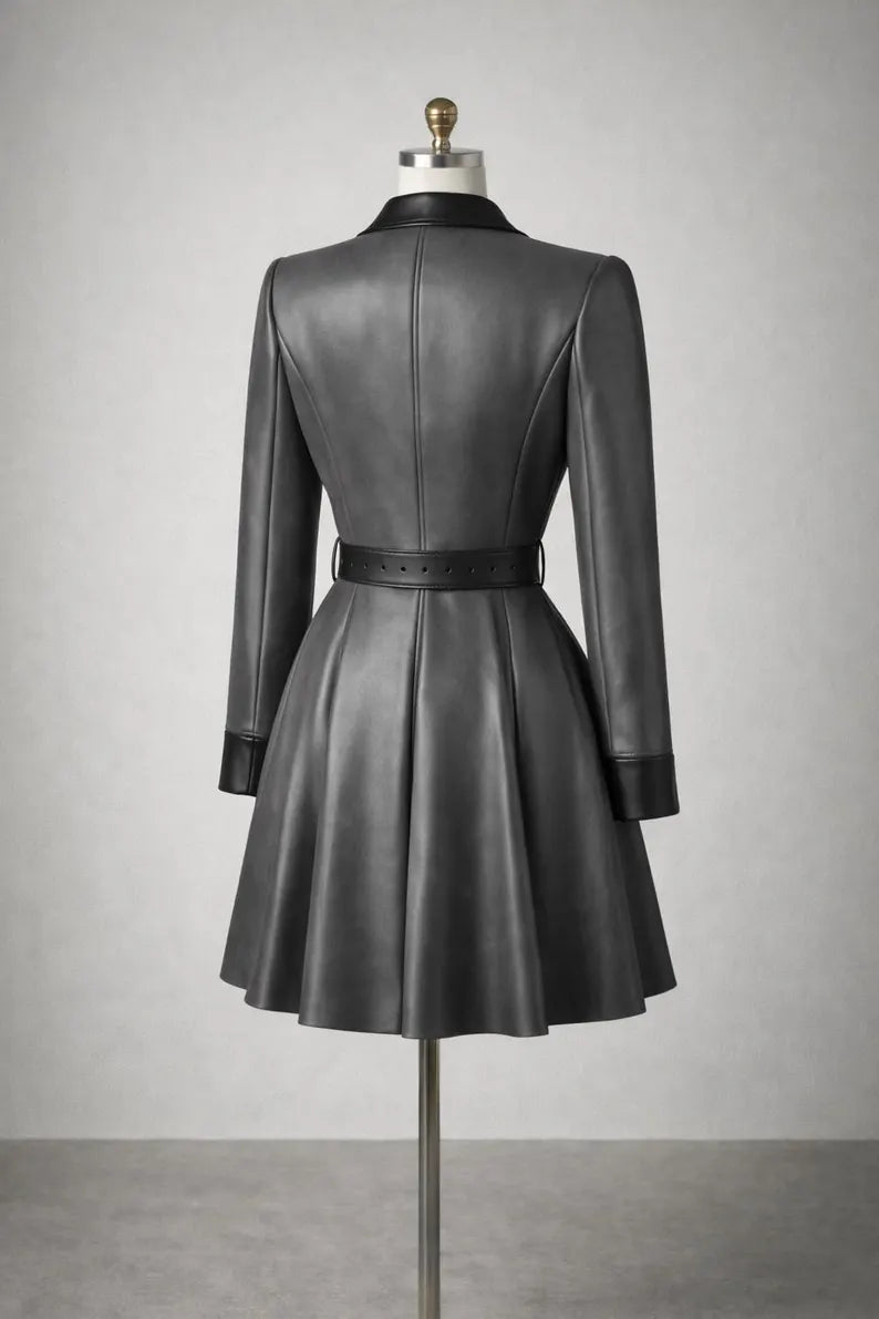 Women’s Genuine Leather Dress, Blazer Style Dress,Belted Skater,Handmade Luxury Outfit