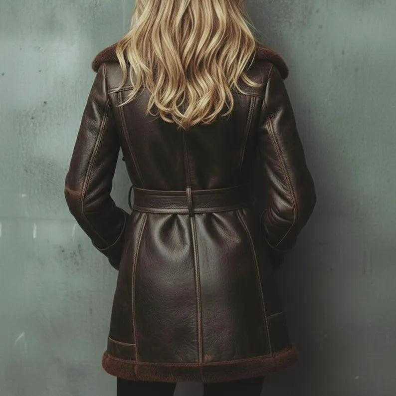 Handmade Genuine Sheep Leather Women’s Shearling Coat – Belted with Fur Collar