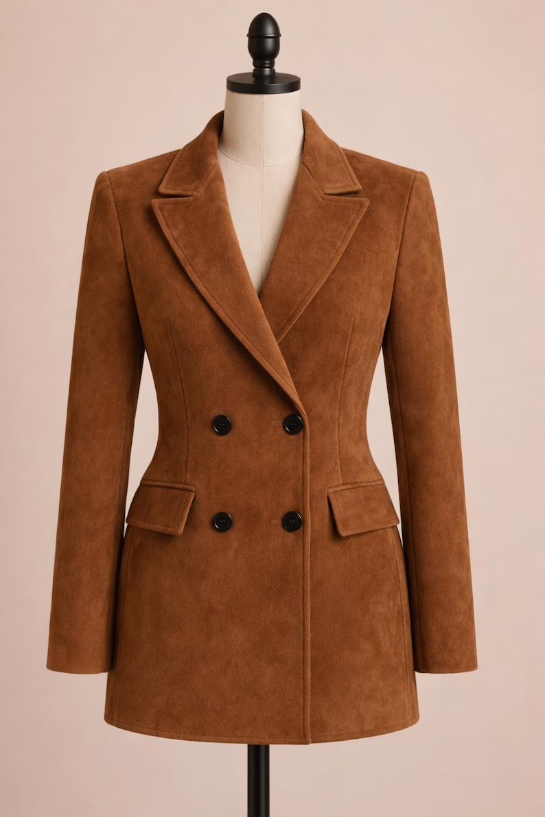 Brown Suede Leather Blazer for Women , Tailored Fit Elegant Blazer