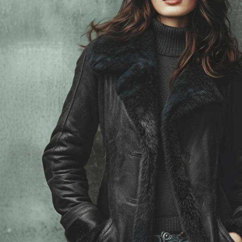 Handmade Women’s Genuine Sheep Leather Shearling Jacket with Fur Trim – Warm Luxury Winter Coat