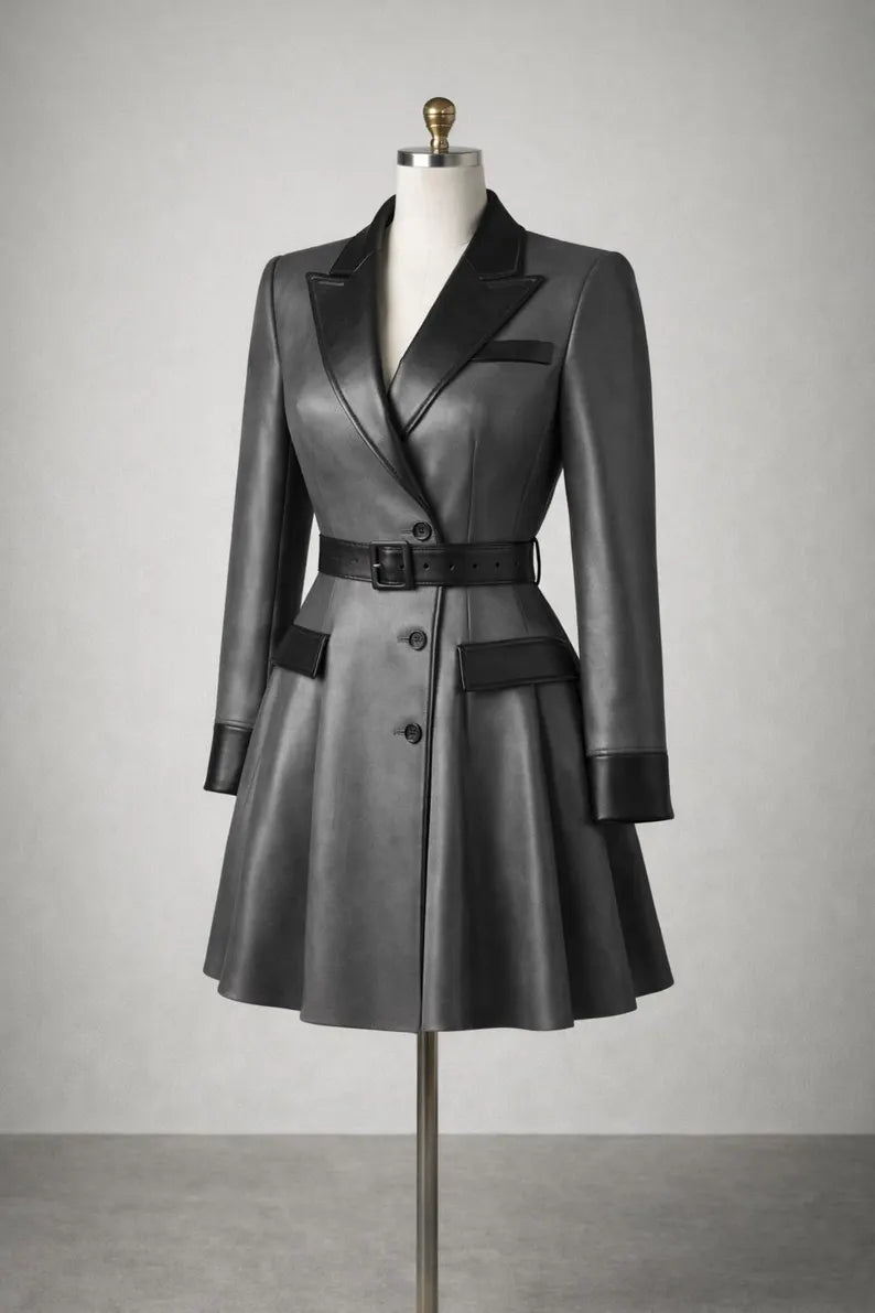 Women’s Genuine Leather Dress, Blazer Style Dress,Belted Skater,Handmade Luxury Outfit