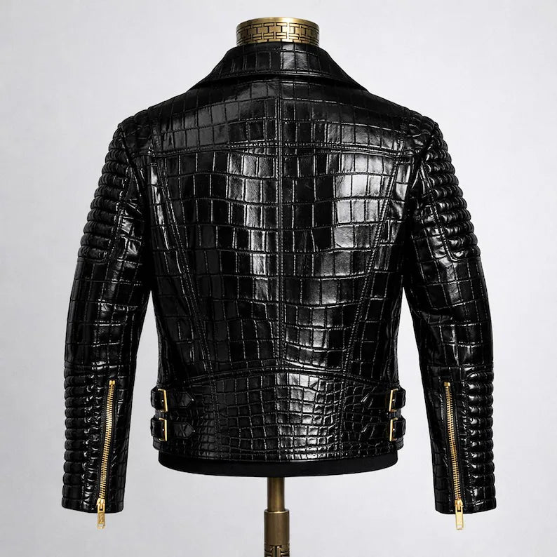 Men’s Black Crocodile Embossed Leather Biker Jacket ,Gold Zipper Moto Jacket