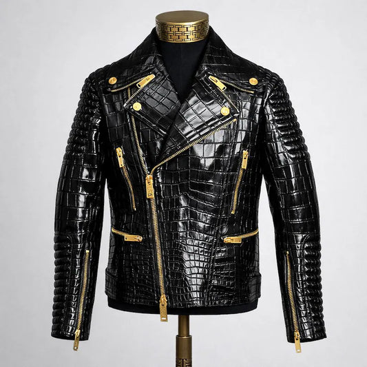 Men’s Black Crocodile Embossed Leather Biker Jacket ,Gold Zipper Moto Jacket