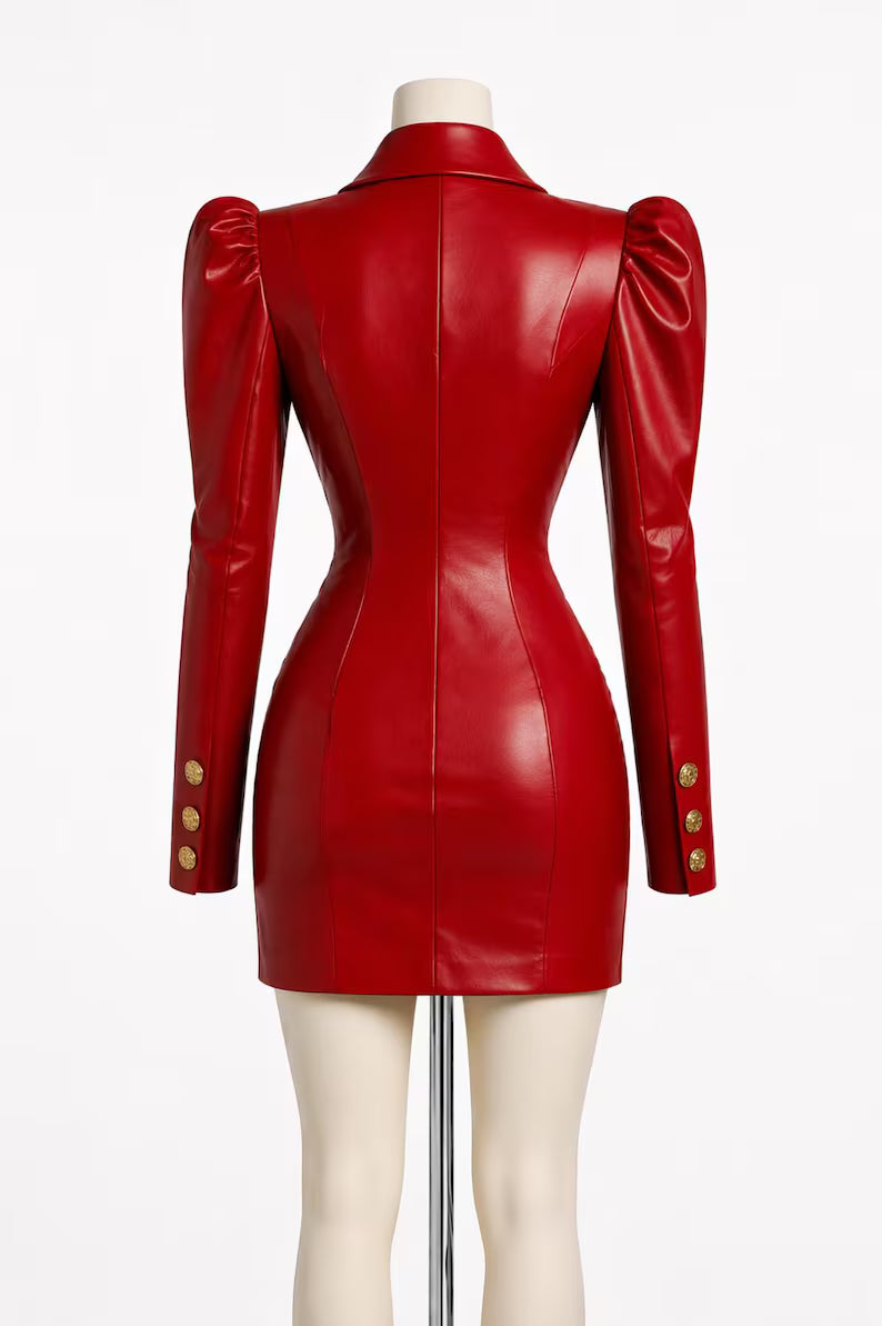 Red Sheep Leather Mini Blazer Dress ,Handmade Puff Sleeve Suit, Gold Button Bodycon Dress