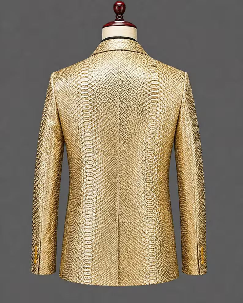 Luxury Gold Snakeskin Leather Blazer for Men, Handmade Genuine Leather Slim Fit Jacket
