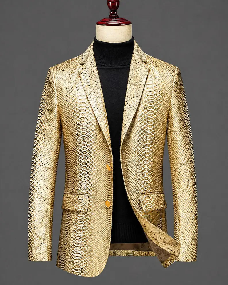 Luxury Gold Snakeskin Leather Blazer for Men, Handmade Genuine Leather Slim Fit Jacket