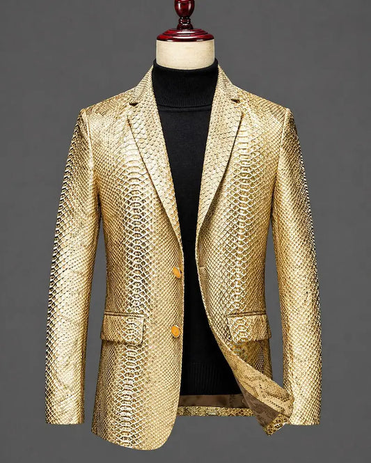 Luxury Gold Snakeskin Leather Blazer for Men, Handmade Genuine Leather Slim Fit Jacket