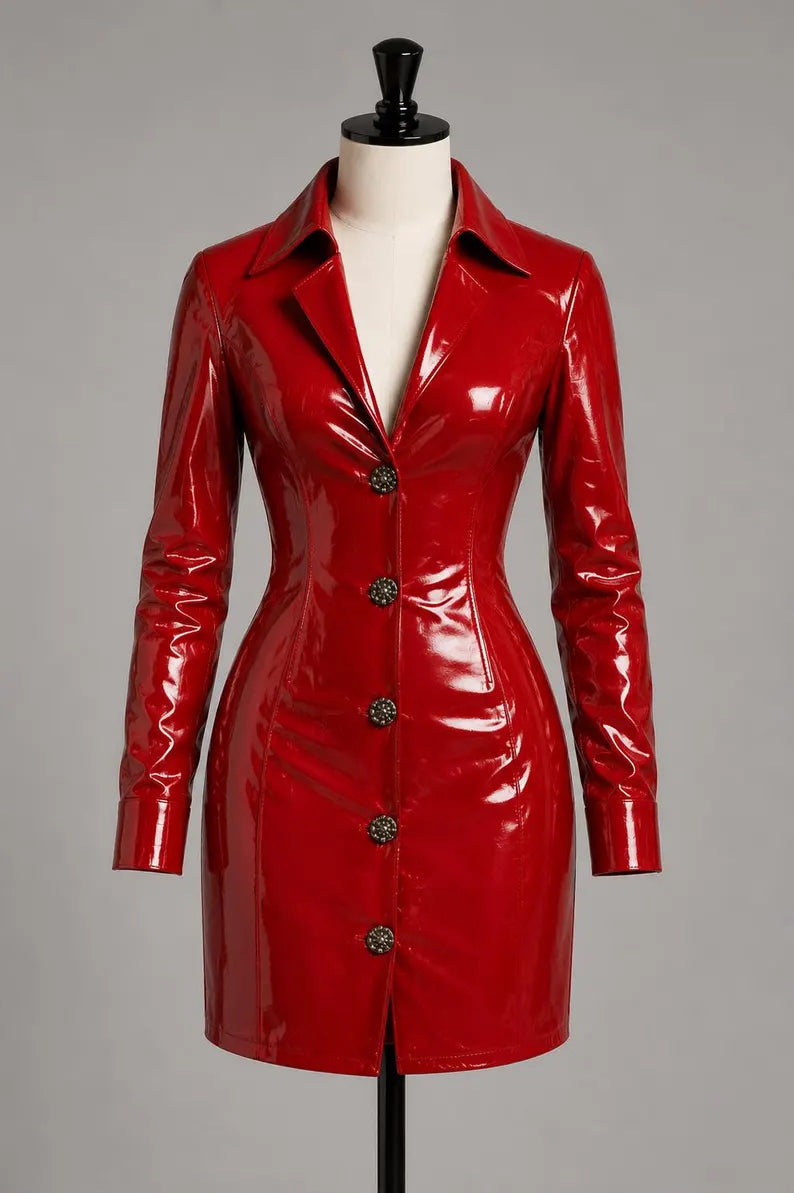 Handmade Red Patent Leather Mini Dress for Women,Sheepskin Glossy Trench Style Dress