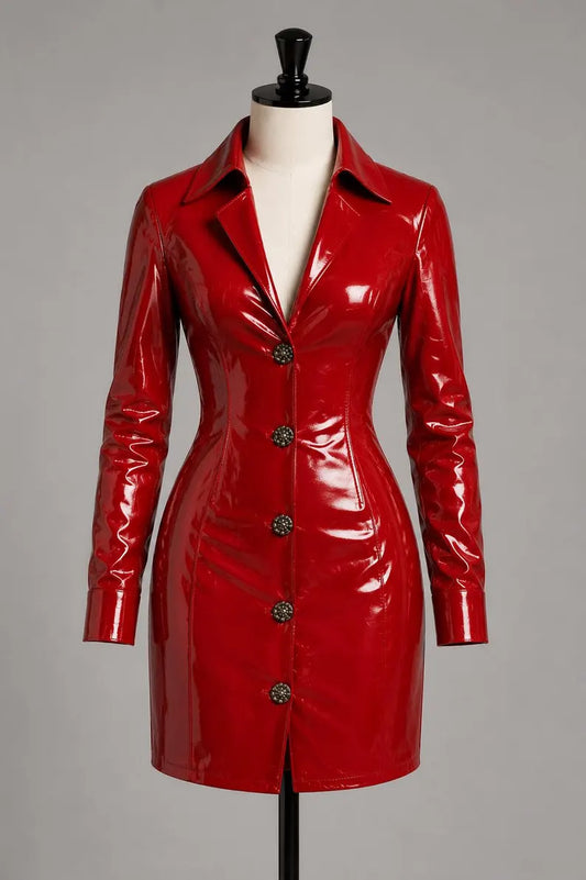 Handmade Red Patent Leather Mini Dress for Women,Sheepskin Glossy Trench Style Dress