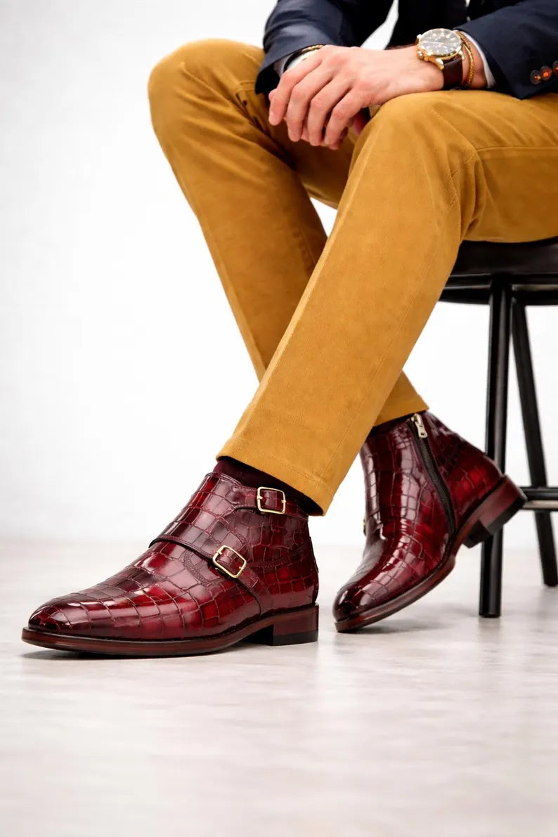 Genuine Leather Double Monk Strap Shoes for Men Handmade Crocodile Embossed Hide Shoes