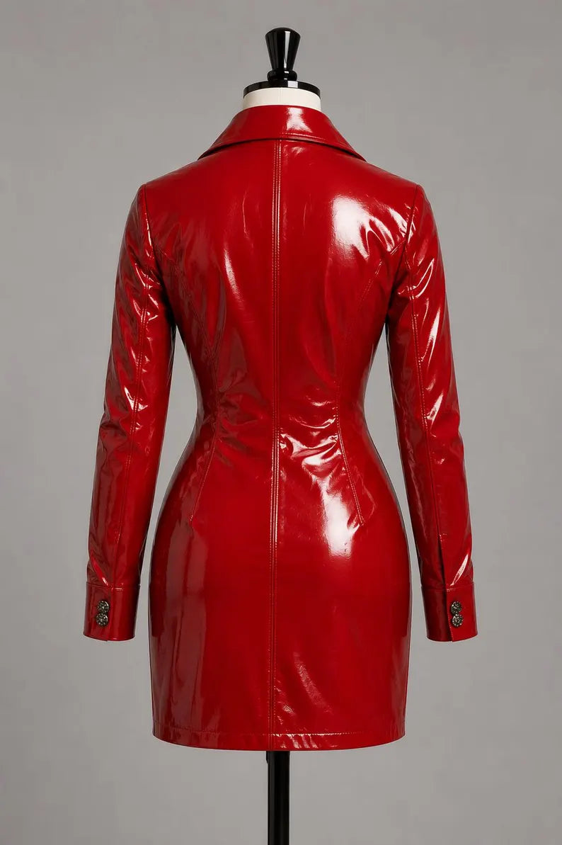 Handmade Red Patent Leather Mini Dress for Women,Sheepskin Glossy Trench Style Dress
