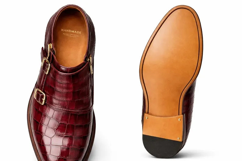 Genuine Leather Double Monk Strap Shoes for Men Handmade Crocodile Embossed Hide Shoes