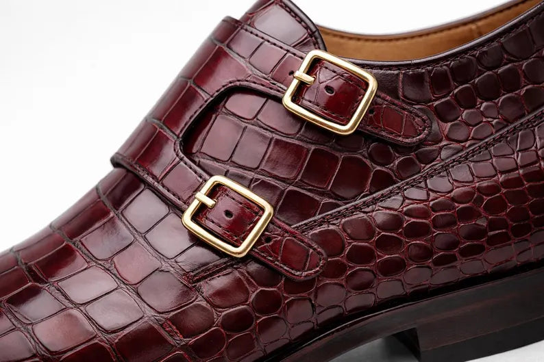 Genuine Leather Double Monk Strap Shoes for Men Handmade Crocodile Embossed Hide Shoes