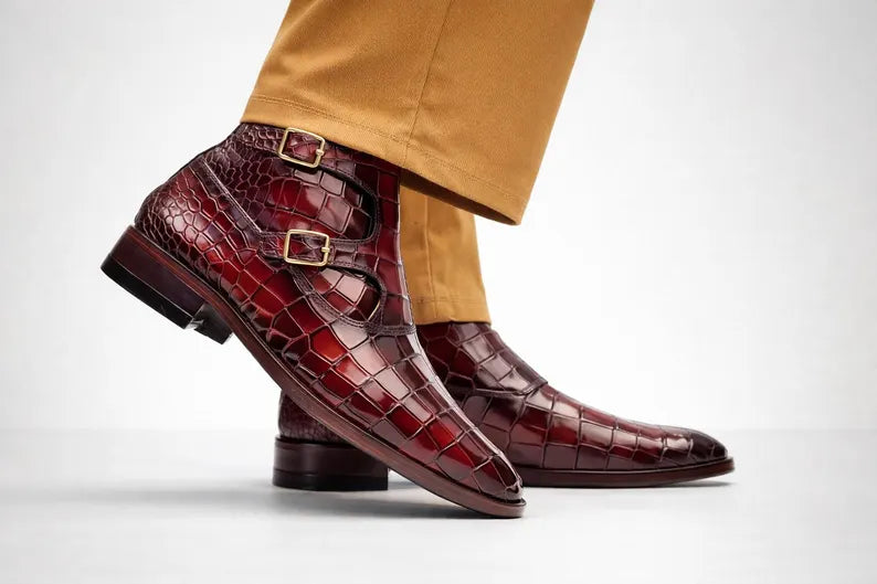 Genuine Leather Double Monk Strap Shoes for Men Handmade Crocodile Embossed Hide Shoes
