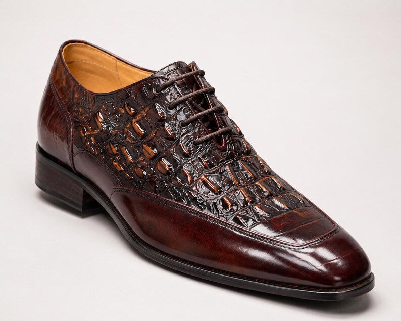 Handmade Genuine Leather Crocodile Embossed Oxford Dress Shoes for Men Luxury Brown Formal Shoes