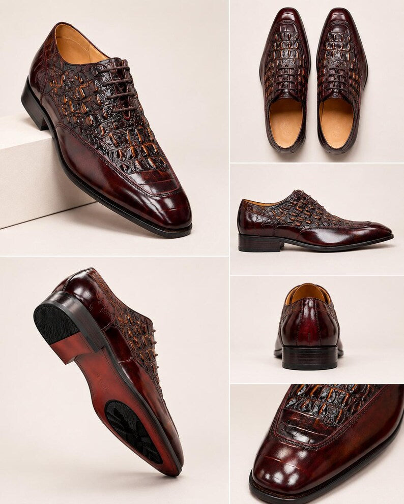 Handmade Genuine Leather Crocodile Embossed Oxford Dress Shoes for Men Luxury Brown Formal Shoes