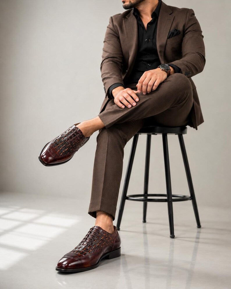 Handmade Genuine Leather Crocodile Embossed Oxford Dress Shoes for Men Luxury Brown Formal Shoes