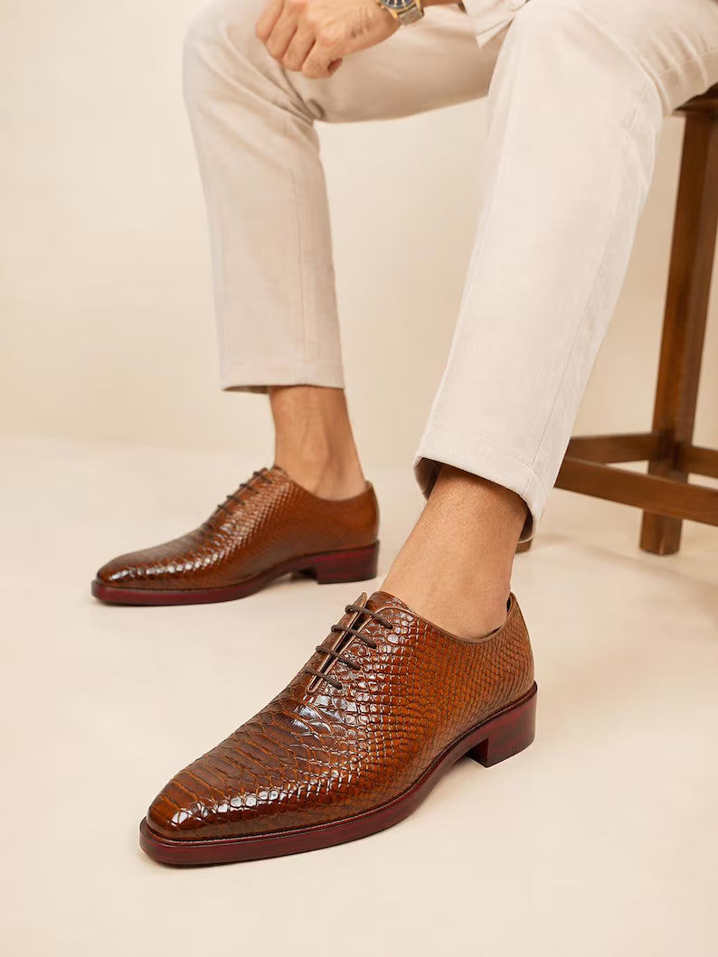 Handmade Genuine Leather Dress Shoes for Men Brown Crocodile Embossed Leather Lace-Up Formal Oxfords
