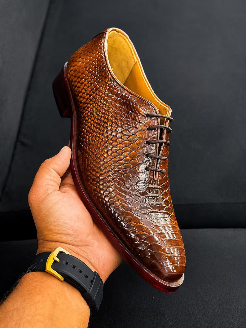 Handmade Genuine Leather Dress Shoes for Men Brown Crocodile Embossed Leather Lace-Up Formal Oxfords