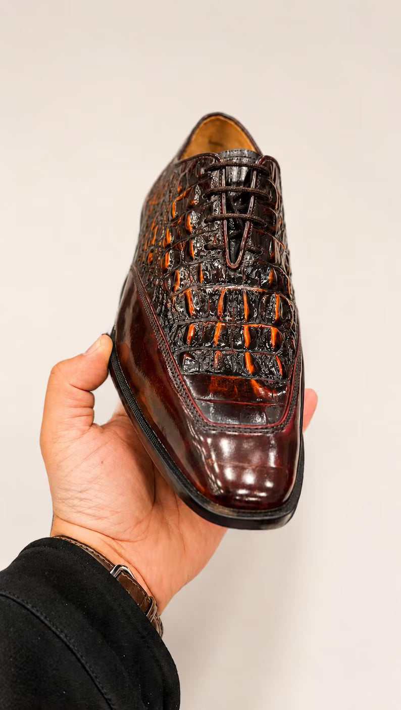 Handmade Genuine Leather Crocodile Embossed Oxford Dress Shoes for Men Luxury Brown Formal Shoes
