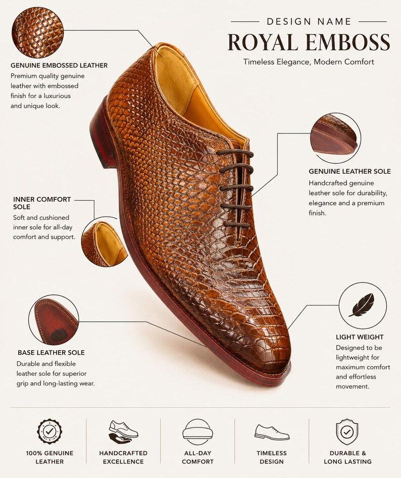 Handmade Genuine Leather Dress Shoes for Men Brown Crocodile Embossed Leather Lace-Up Formal Oxfords