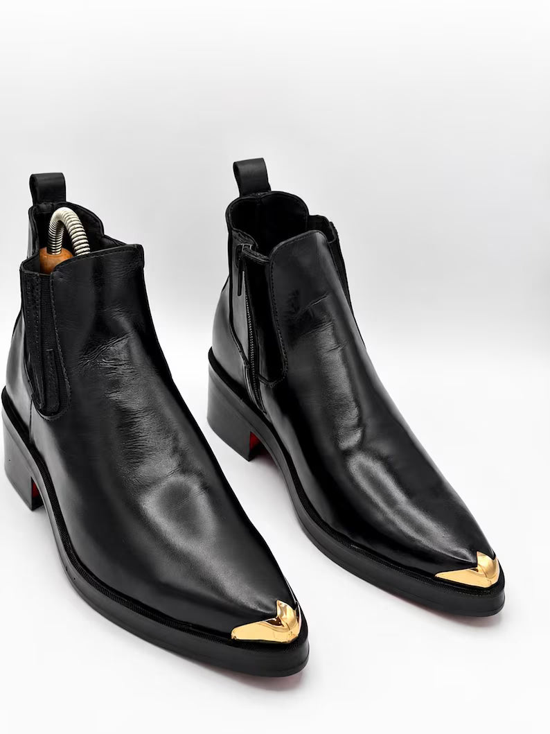 Handmade Genuine Cow Leather Black Chelsea Boots for Men Gold Toe Cap Western Boots