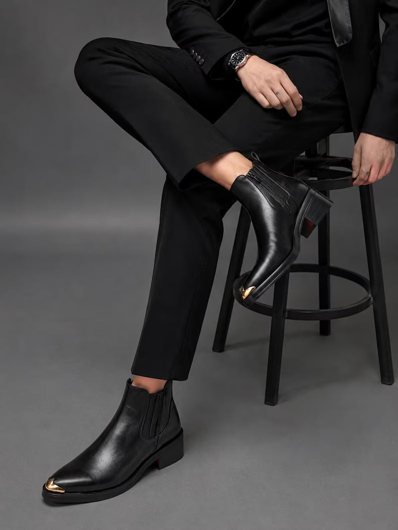 Handmade Genuine Cow Leather Black Chelsea Boots for Men Gold Toe Cap Western Boots
