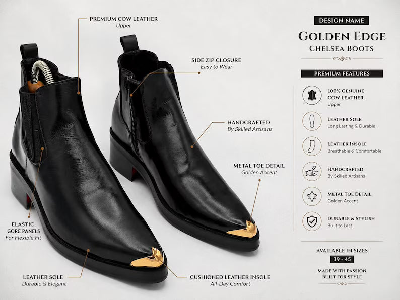 Handmade Genuine Cow Leather Black Chelsea Boots for Men Gold Toe Cap Western Boots