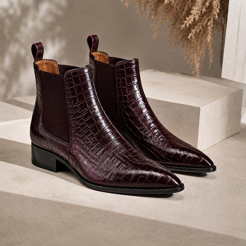Handmade Burgundy Croc Embossed Genuine Leather Chelsea Boots for Women Pointed Toe Ankle Boots