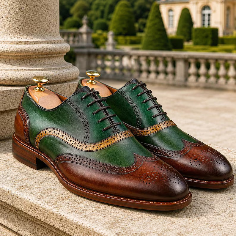 Handmade Green & Brown Wingtip Oxford Shoes for Men – Genuine Cow Leather Brogue Oxfords